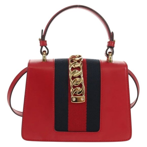 GUCCI Silvi Sherry Line Hand Bag Leather 3way Red Gold - Picture 2 of 15